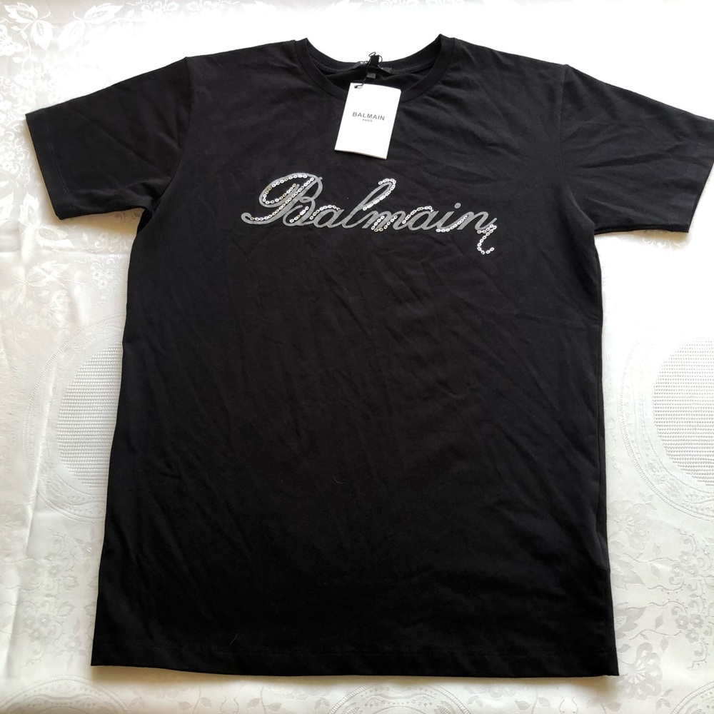 Balmain Paris Sparkling Logo Men's Size M Black Embellished Cotton T-Shirt NWT